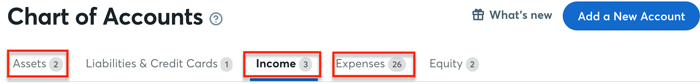 Chart of Accounts categories