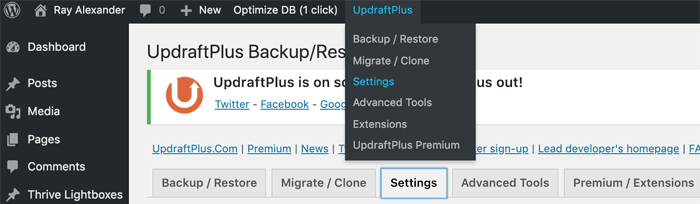 Updraft Plus Settings