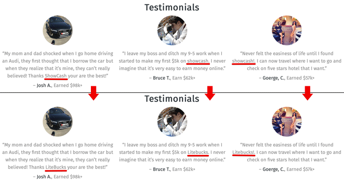 ShowCash Fake Testimonials