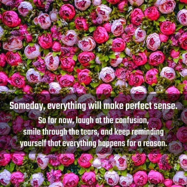 Someday, everything will make perfect sense. So for now, laugh at the confusion, smile through the tears, and keep reminding yourself that everything happens for a reason. 