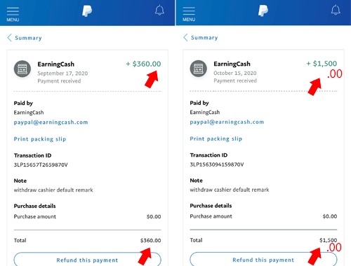 EarningCash Fake Payment Proofs