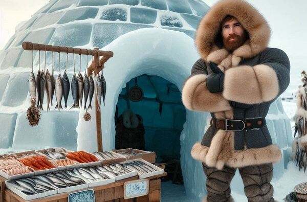 Inuit Man Selling Outside Igloo